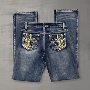 Y2K Glam Revolt Flare Jeans Dark Wash Fleur De Lis Rhinestone Bedazzled Size 6